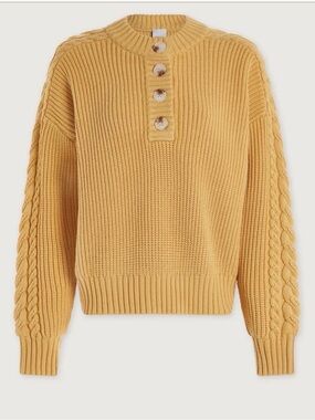 Varley Vera Button Neck Sweater Rattan Cable Knit Cotton Henley Size L